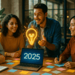 uatro emprendedores latinoamericanos colaboran en un moderno espacio de trabajo iluminado; sobre la mesa un portátil muestra «2025-min