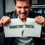 Un empresario con expresión de frustración, vistiendo una chaqueta de cuero negra y una camiseta blanca, rompe con ira una hoja de papel que tiene escrito "marketing digital".