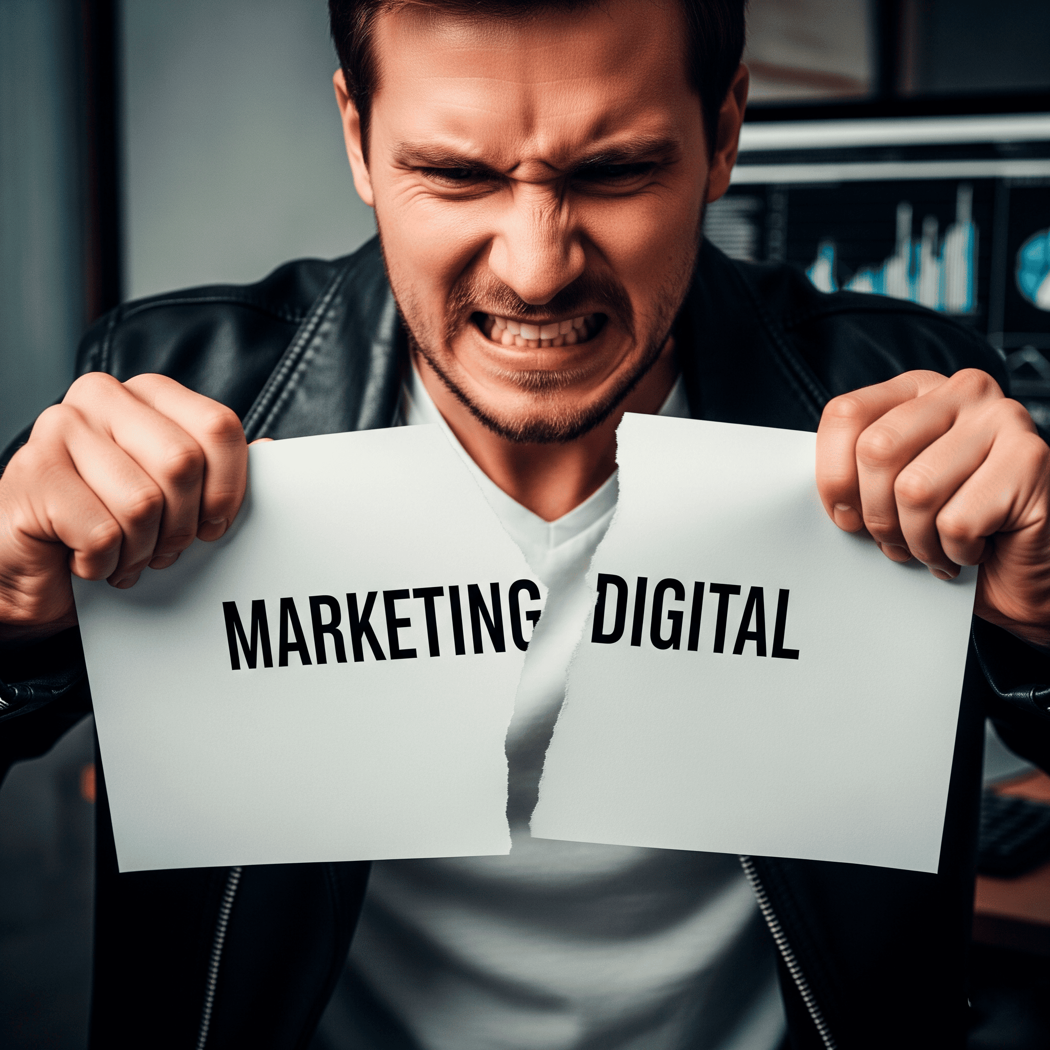 Un empresario con expresión de frustración, vistiendo una chaqueta de cuero negra y una camiseta blanca, rompe con ira una hoja de papel que tiene escrito "marketing digital".