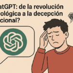 Ilustración de un hombre preocupado junto al logo de ChatGPT, representando la transición de la revolución tecnológica a la decepción emocional