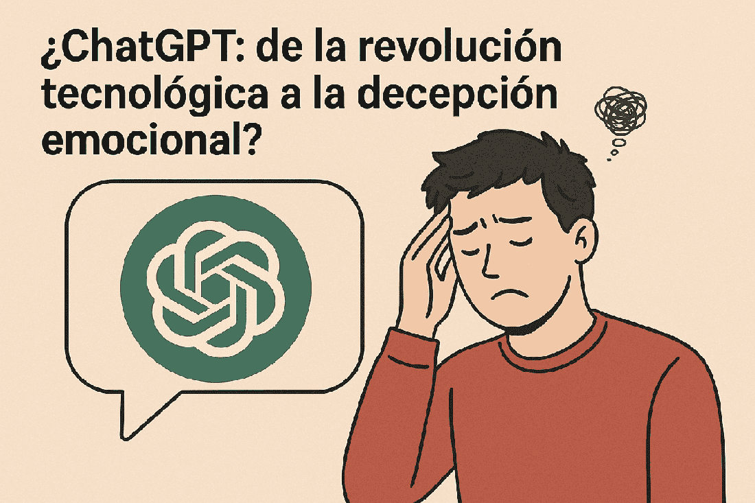 Ilustración de un hombre preocupado junto al logo de ChatGPT, representando la transición de la revolución tecnológica a la decepción emocional