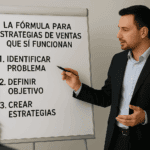 Hombre de negocios presentando en un pizarrón los tres pasos clave para crear estrategias de ventas efectivas: identificar problema, definir objetivo y crear estrategias. javierjimenezh.com
