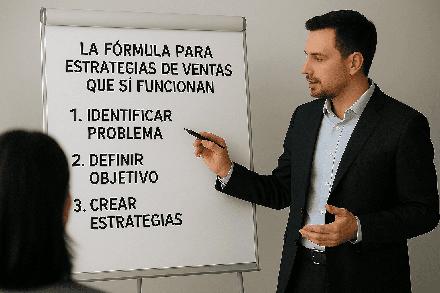 Hombre de negocios presentando en un pizarrón los tres pasos clave para crear estrategias de ventas efectivas: identificar problema, definir objetivo y crear estrategias. javierjimenezh.com
