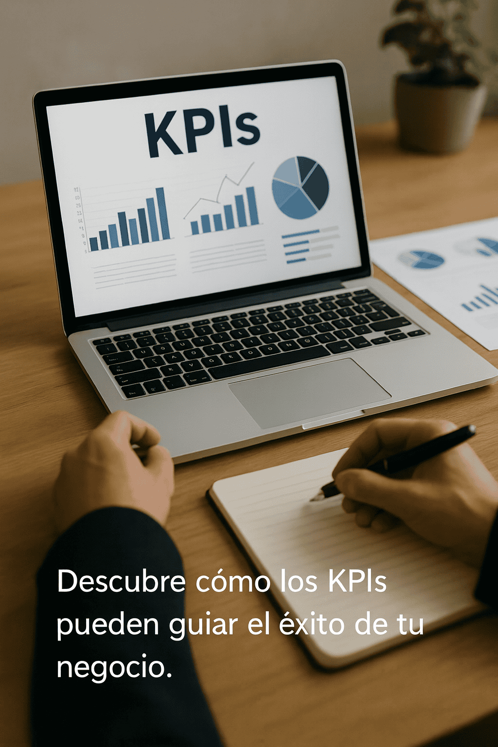 Javier Jiménez analizando KPIs en laptop con gráficos y reportes impresos en un escritorio moderno.