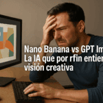 Hombre frustrado frente a un monitor con arte abstracto, acompañado del texto “Nano Banana vs GPT Image: La IA que por fin entiende tu visión creativa”