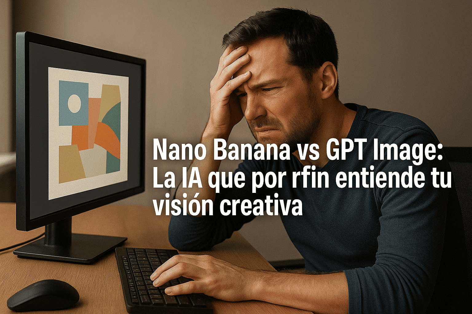 Hombre frustrado frente a un monitor con arte abstracto, acompañado del texto “Nano Banana vs GPT Image: La IA que por fin entiende tu visión creativa”