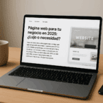 Laptop con el titular “Página web para tu negocio en 2025: ¿Lujo o necesidad?” en escritorio moderno; presencia digital y credibilidad