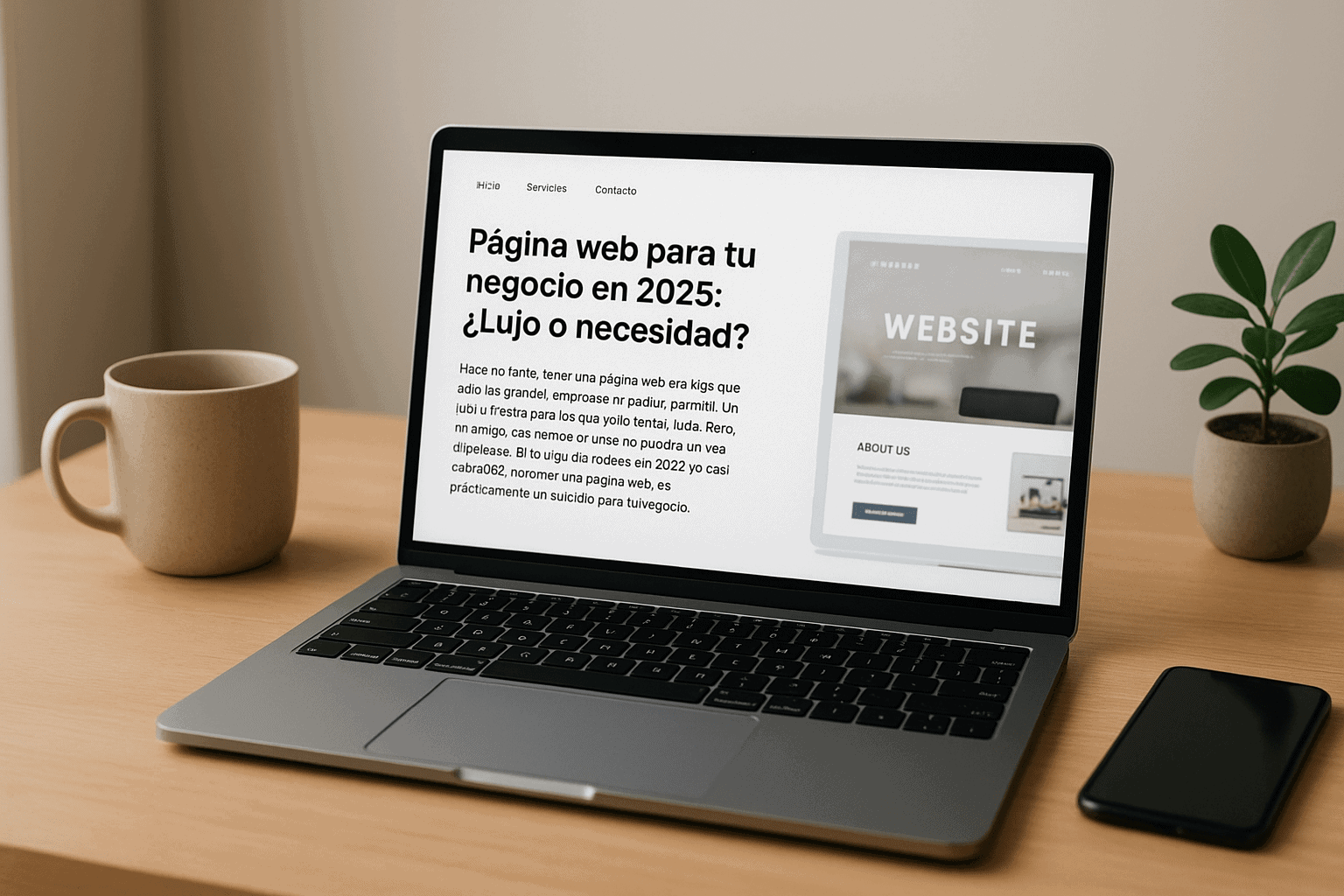 Laptop con el titular “Página web para tu negocio en 2025: ¿Lujo o necesidad?” en escritorio moderno; presencia digital y credibilidad