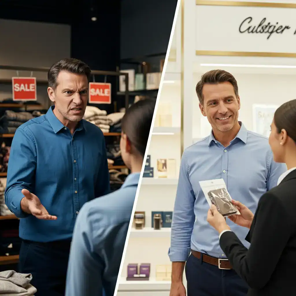 Ejemplo de mala y buena atención al cliente en una tienda"