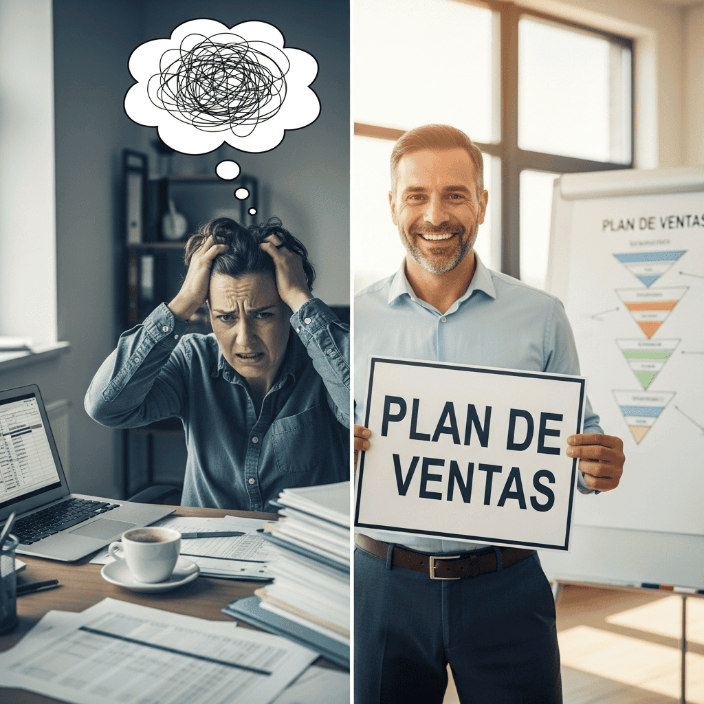 Imagen comparativa que muestra el caos de un negocio sin plan de ventas (mujer frustrada) frente a la claridad y éxito de tener un plan sólido (hombre sonriente)