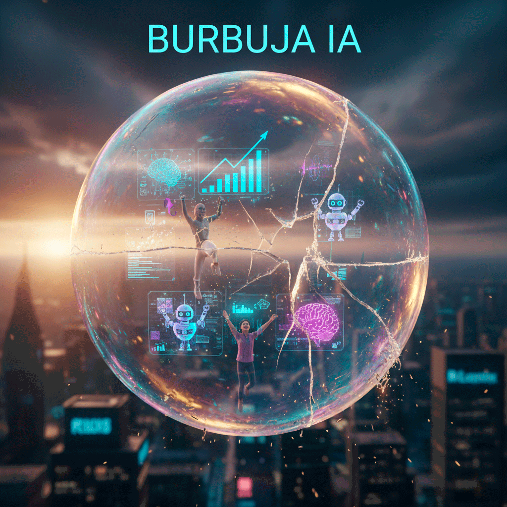 Burbuja IA sobre ciudad a punto de estallar, representando el hype y el riesgo financiero.