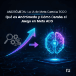 Ilustración conceptual del cambio de la segmentación manual (lupa y engranajes grises) a la inteligencia artificial (cerebro de chip azul brillante) con una flecha de progreso, representando la evolución de Meta ADS con Andrómeda.