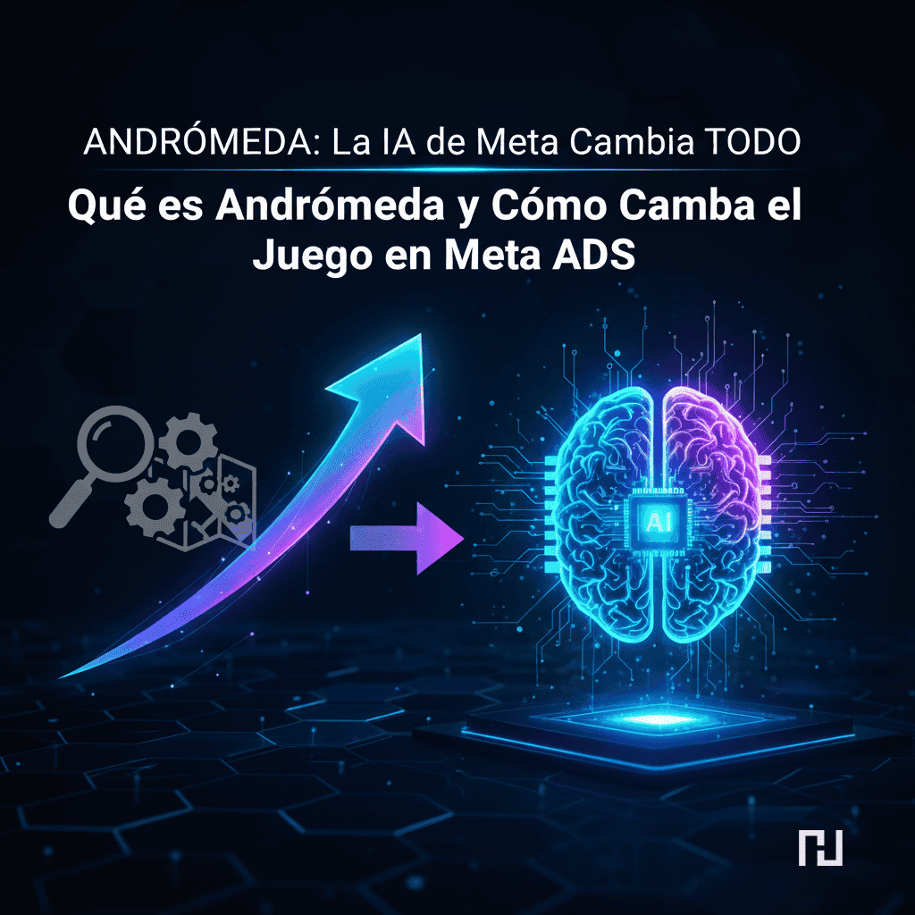 Ilustración conceptual del cambio de la segmentación manual (lupa y engranajes grises) a la inteligencia artificial (cerebro de chip azul brillante) con una flecha de progreso, representando la evolución de Meta ADS con Andrómeda.