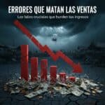 Gráfico de barras quebrado y flecha descendente, representando errores que matan las ventas y pérdidas de ingresos en un ambiente sombrío con una calavera en las nubes."