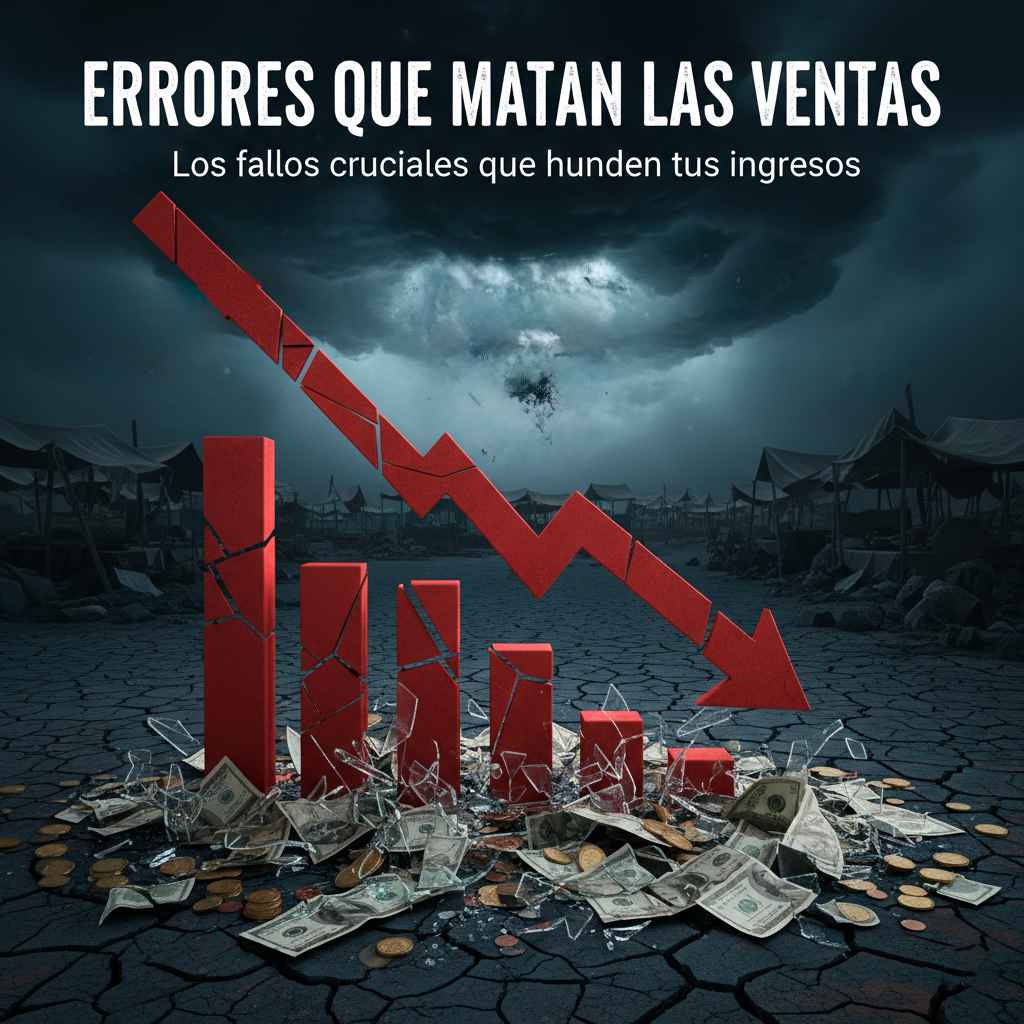 Gráfico de barras quebrado y flecha descendente, representando errores que matan las ventas y pérdidas de ingresos en un ambiente sombrío con una calavera en las nubes."