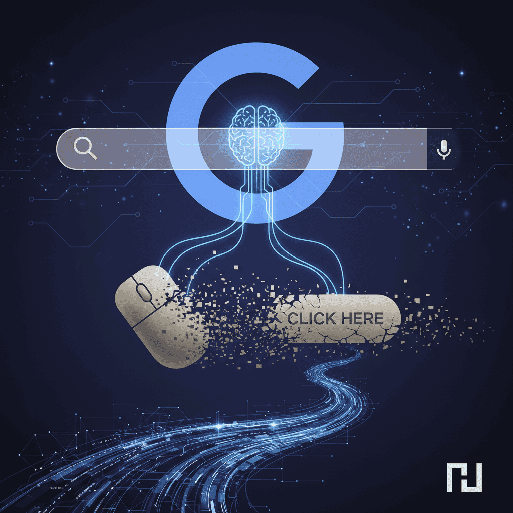Representación visual del fin de la era del clic en Google con la llegada de la inteligencia artificial.