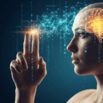 "Primer plano de perfil humano tocando una proyección holográfica de red neuronal azul, simbolizando el control de la mente sobre la IA."