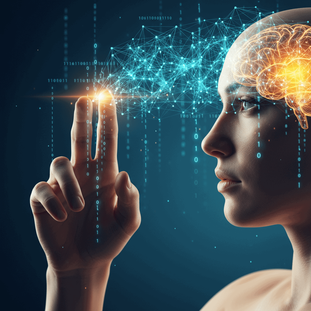 "Primer plano de perfil humano tocando una proyección holográfica de red neuronal azul, simbolizando el control de la mente sobre la IA."