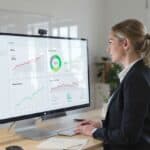 "Mujer profesional revisando un dashboard con gráficos de riesgos y oportunidades para estrategia de negocio."