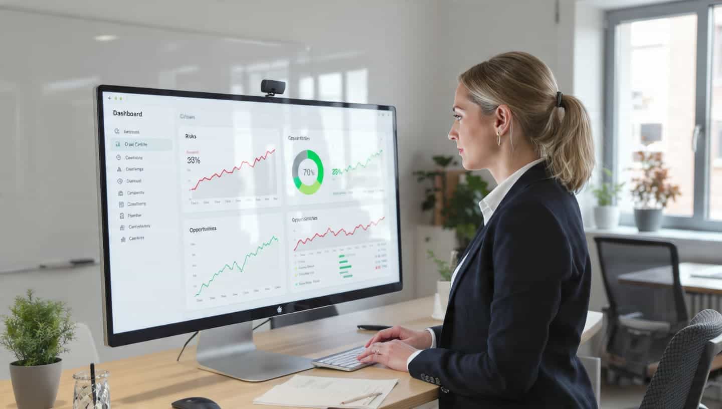 "Mujer profesional revisando un dashboard con gráficos de riesgos y oportunidades para estrategia de negocio."