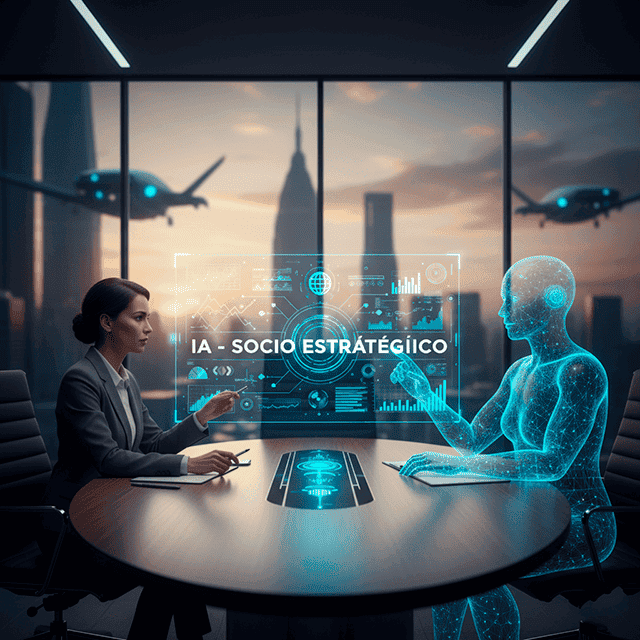Mujer de negocios interactuando con una representación holográfica de inteligencia artificial en una mesa de reuniones, con el texto "IA - SOCIO ESTRATÉGICO" en pantalla y un horizonte urbano de fondo. Describe la colaboración estratégica con IA.