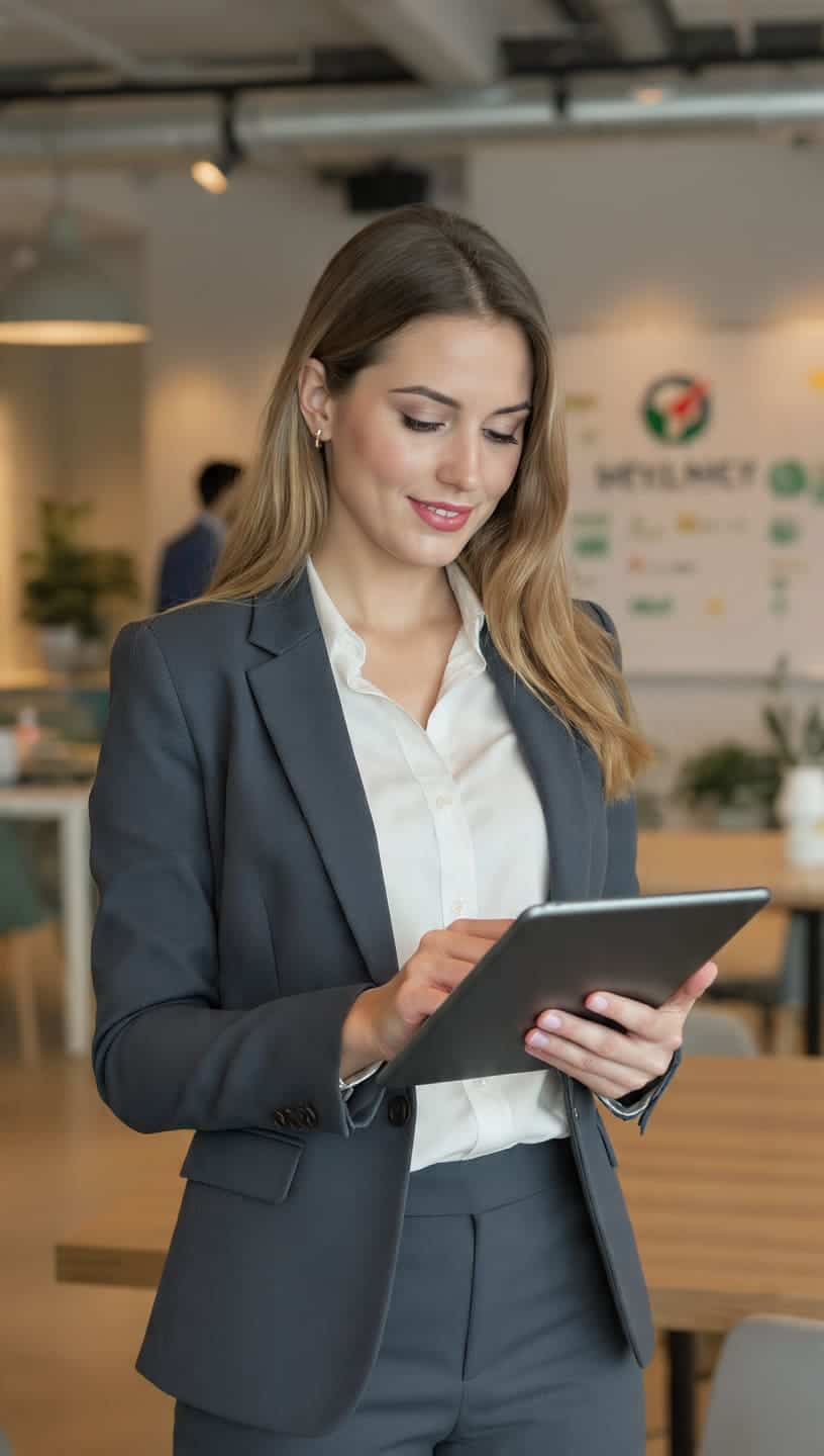 Ejecutiva enfocada en su dispositivo móvil, representando la productividad y conectividad en el trabajo."