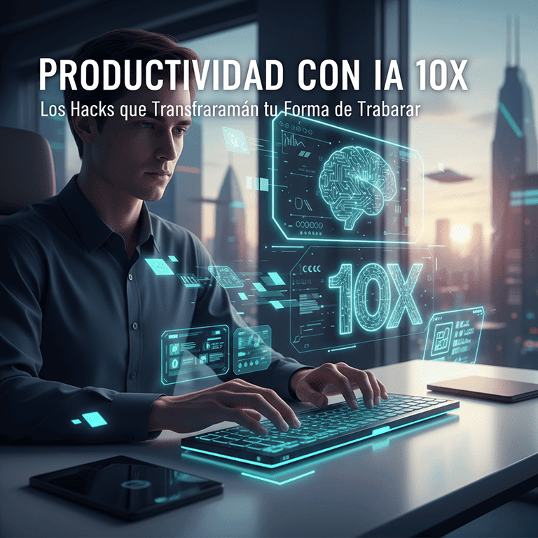 Ilustración visual de la inteligencia artificial impulsando la productividad laboral, con gráficos digitales y un cerebro esquemático sobre un escritorio moderno