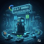 "Ilustración futurista mostrando el concepto E-E-A-T (Experiencia, Expertise, Autoridad, Confianza) de Google como una estación de gasolina digital que impulsa el SEO de pequeñas y medianas empresas (Pymes) para dominar las búsquedas. Coches con símbolos de búsqueda y hojas verdes (crecimiento) se dirigen hacia el éxito."