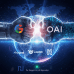 Puños de Google y OpenAI chocando sobre un mapa digital, con logos de depSeek, Copilot y Anthropic, y la frase "Tu Negocio, el Ganador". Simboliza la competencia en IA y sus beneficios para el usuario final.