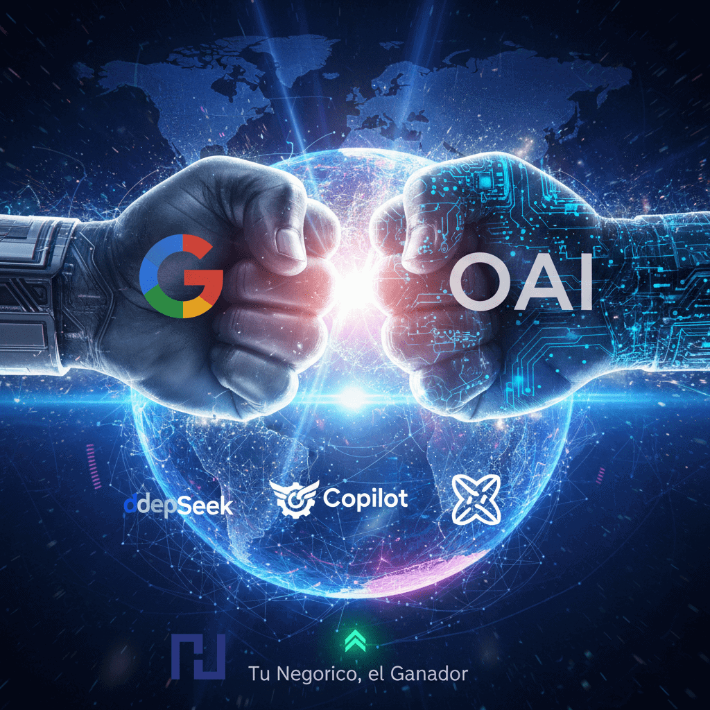 Puños de Google y OpenAI chocando sobre un mapa digital, con logos de depSeek, Copilot y Anthropic, y la frase "Tu Negocio, el Ganador". Simboliza la competencia en IA y sus beneficios para el usuario final.
