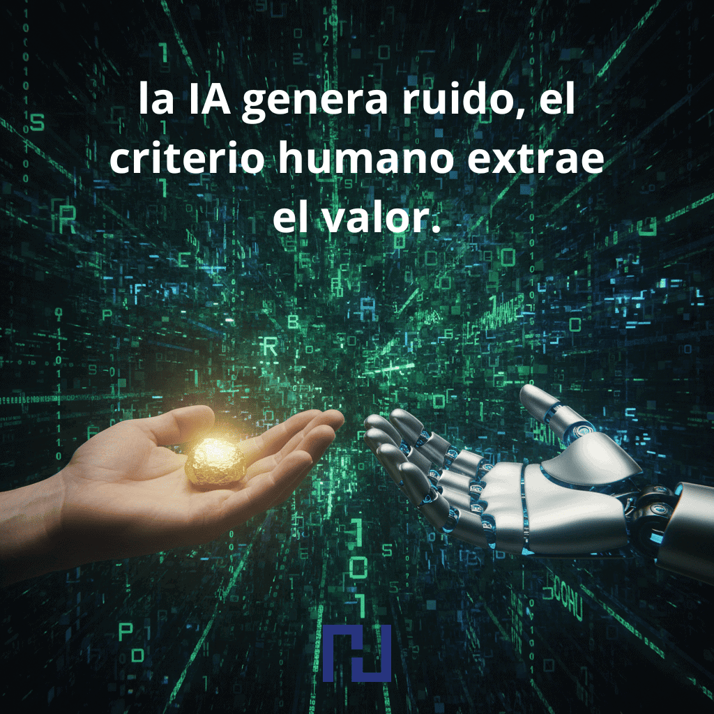 Una mano humana sostiene una pepita de oro brillante, mientras una mano robótica está vacía, con un fondo de código binario verde y texto que dice 'la IA genera ruido, el criterio humano extrae el valor'." (Esto es importante para SEO y accesibilidad).