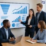 Equipo de ventas revisando un dashboard con KPIs, funnel de ventas y gráficas de crecimiento durante una reunión estratégica.