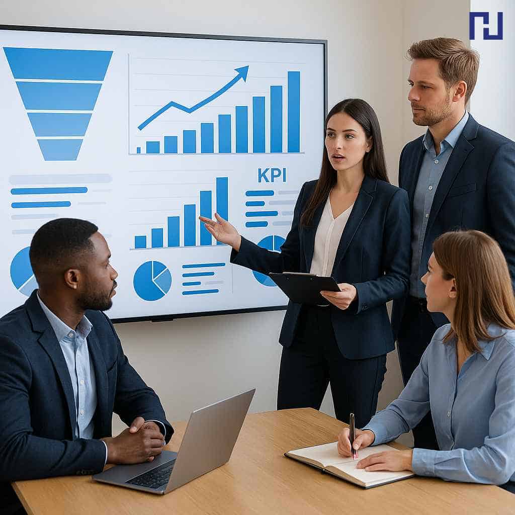 Equipo de ventas revisando un dashboard con KPIs, funnel de ventas y gráficas de crecimiento durante una reunión estratégica.