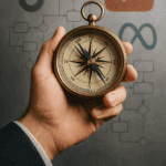 Mano sosteniendo una brújula antigua con iconos de redes sociales y un diagrama de flujo representando IA en el fondo