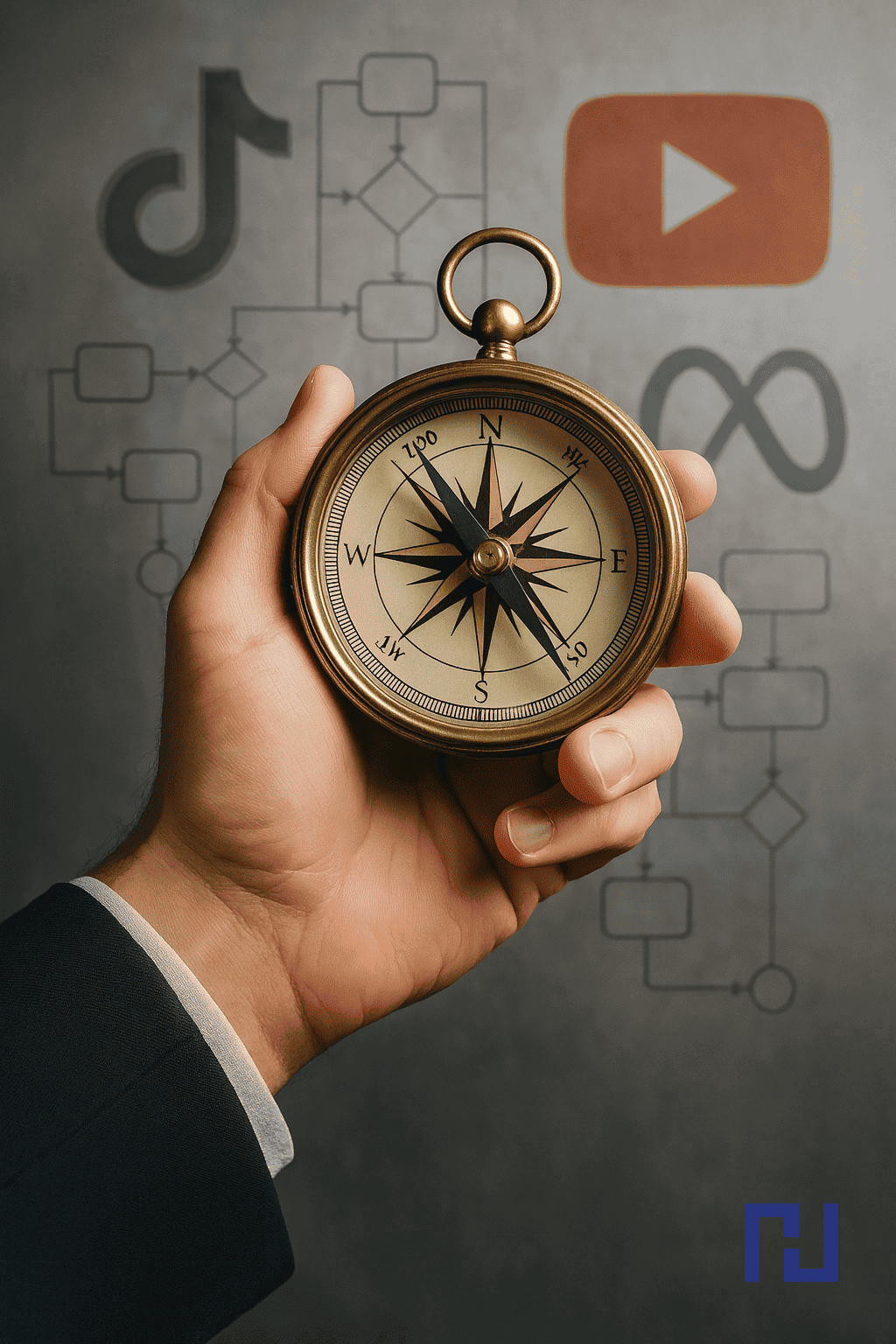 Mano sosteniendo una brújula antigua con iconos de redes sociales y un diagrama de flujo representando IA en el fondo