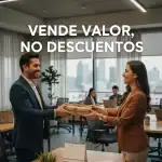 Consultor entregando paquete a cliente en oficina moderna de México con el texto Vende Valor no Descuentos.