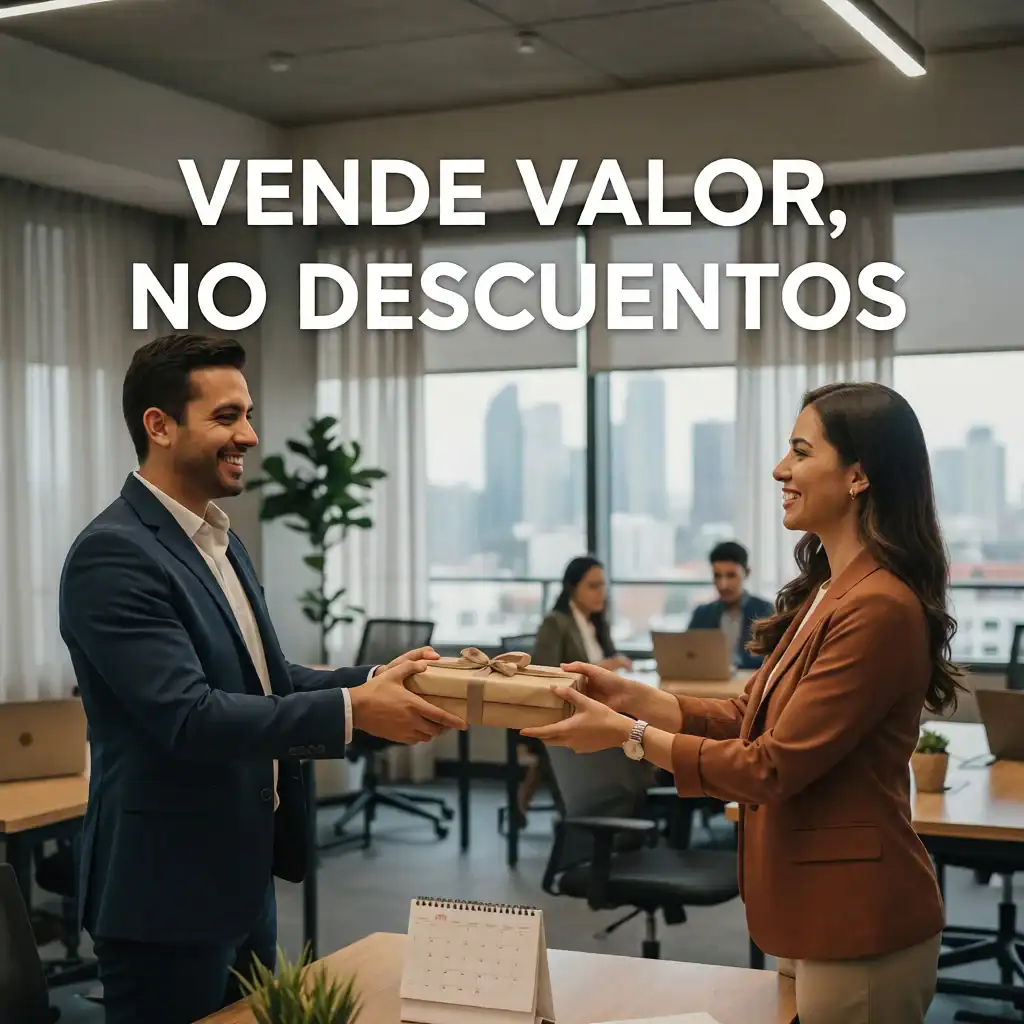 Consultor entregando paquete a cliente en oficina moderna de México con el texto Vende Valor no Descuentos.