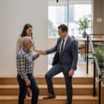 Director comercial ayudando a emprendedor a subir escaleras en oficina moderna, transmitiendo apoyo y crecimiento empresarial.