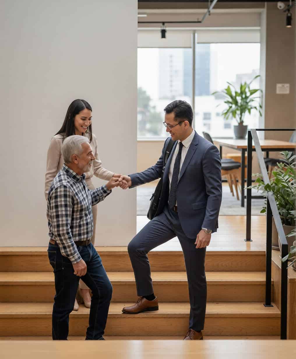 Director comercial ayudando a emprendedor a subir escaleras en oficina moderna, transmitiendo apoyo y crecimiento empresarial.